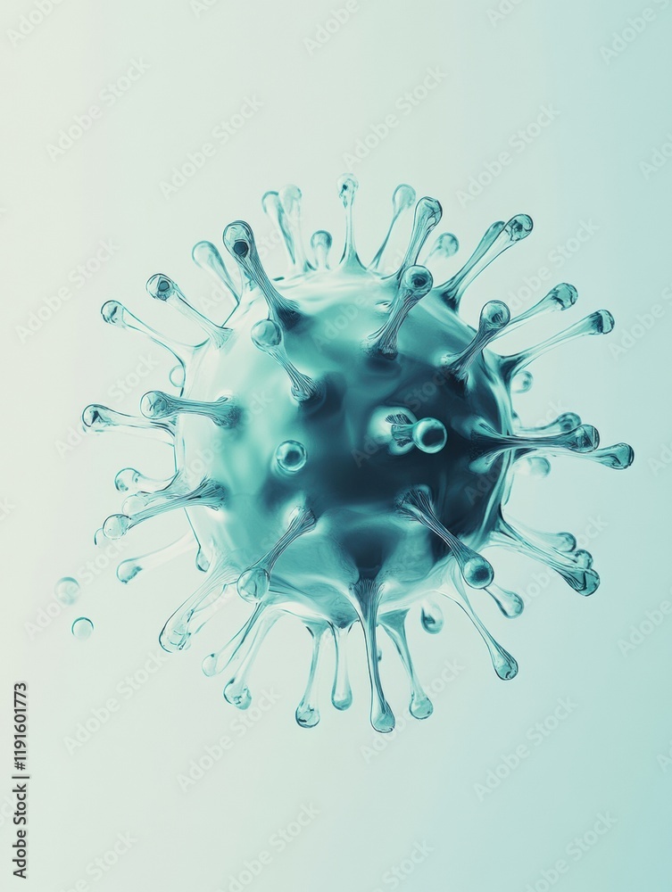 Poster graphical representation of a minimalistic virus floating in a light background highlighting its str