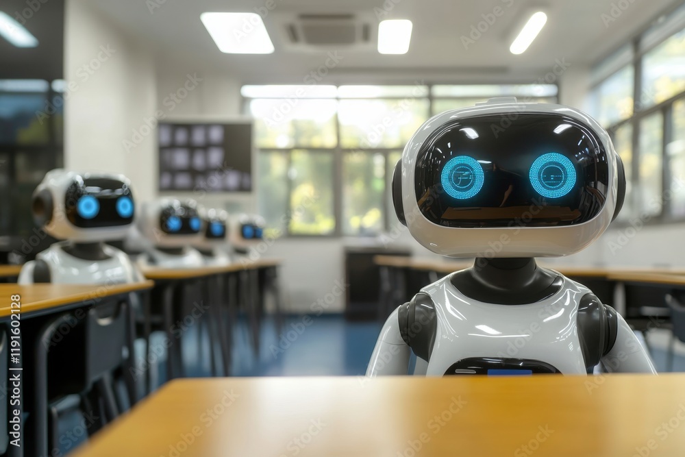 Poster robots in a classroom setting engaged in learning activities during the day