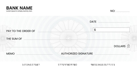 Blank bank check, checkbook cheque template or money payment paper voucher, vector mockup. Business or personal account cash pay cheque certificate or paycheck coupon from checkbook