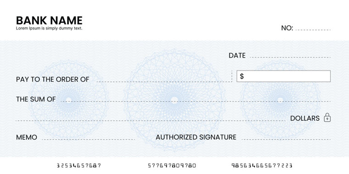 Blank bank check, checkbook cheque template or money payment paper voucher, vector mockup. Business or personal account cash pay cheque certificate or paycheck coupon from checkbook