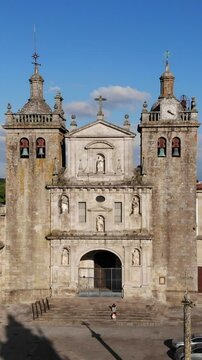 Viseu, Portugal - May 8, 2021: DRONE AERIAL FOOTAGE - The Viseu Cathedral (Se Catedral de Viseu) is the Catholic bishopric seat of the city of Viseu, in Portugal. 