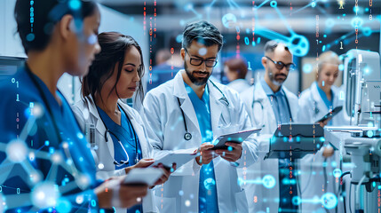 Healthcare professionals analyzing digital data in modern medical laboratory with futuristic interface overlay, perfect for healthcare technology and medical innovation concepts.