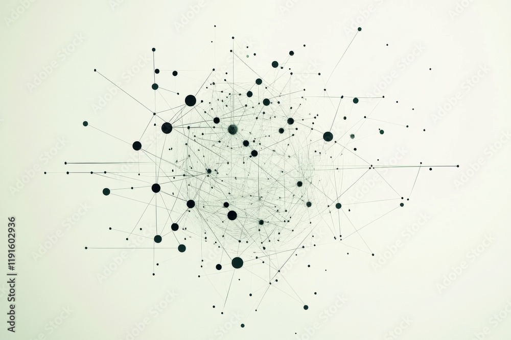 Poster Graphical representation of a minimalistic virus model with connecting lines and dots showcasing intricate design. Generative AI