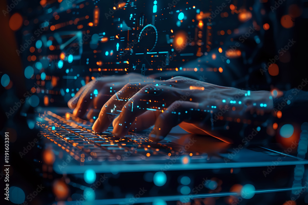 Poster hands typing on illuminated keyboard with futuristic digital overlay effects, blue and orange bokeh 