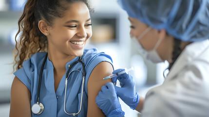 Young African American female healthcare worker receiving vaccination from medical colleague in clinical setting, promoting workplace safety and preventive healthcare.