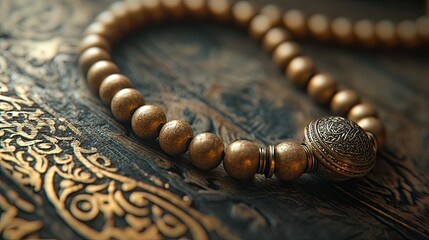macro shot of The soft click of a tasbih, Close-up of red beads with golden accents, illuminated by warm light, creating a bokeh effect in the background.