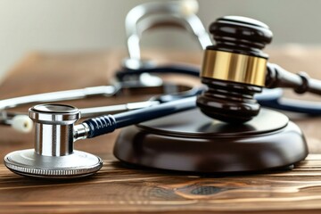 powerful and thought-provoking image of a stethoscope and gavel placed on a wooden desk, symbolizing the intersection of medicine and law in cases of malpractice and legal claims.