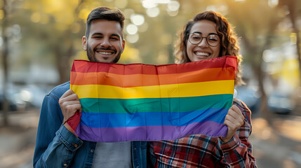 Young diverse couple holding rainbow pride flag outdoors with genuine smiles, representing LGBTQ community support and acceptance. Natural bokeh background perfect for equality campaigns.