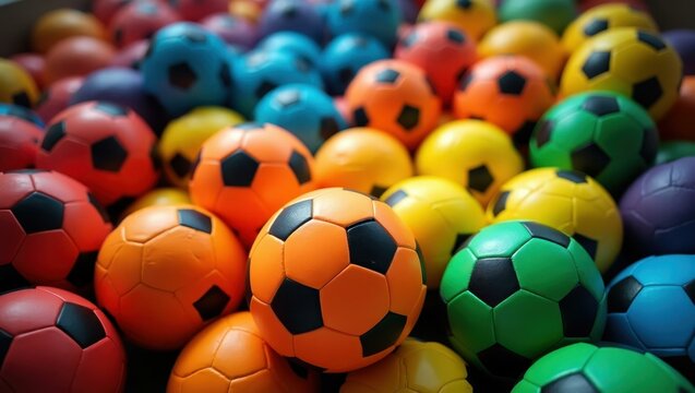 Rainbow of soccer balls piled up attesting to vibrant enthusiasm of young players, Professional stock photo, AI generated photograph