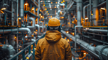 Fototapeta premium Industrial engineer in protective hardhat and yellow jacket inspecting pipeline system in modern factory facility with dramatic orange lighting and bokeh effect background.