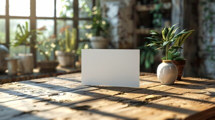 A white card sits on a wooden table next to a potted plant