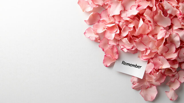 Pink rose petals scattered with "Remember" card