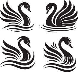 set of black and white swans silhouette
