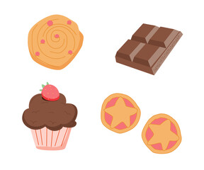 Sweet food doodle hand drawn vector icon set. Cake, cookies, croissant, cupcake, cinnamon roll, chocolate. Sweet holiday