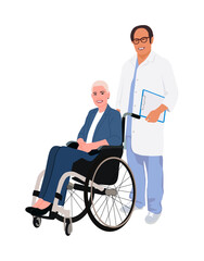 Male doctor with patient woman in wheelchair. Aged medical professional with disabled or injured attractive girl. Vector flat illustration isolated on white background.