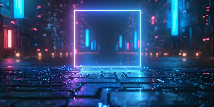 Futuristic neon square portal glowing in cyberpunk urban environment with circuit board floor, perfect for technology and digital transformation concepts in modern design projects.