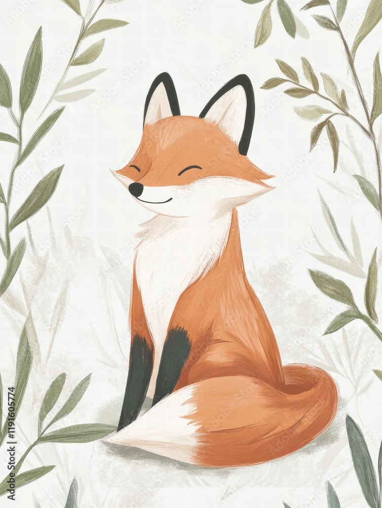 Poster Illustrated fox seated contentedly among minimalist green leaves with a soft background in a tranquil setting. Generative AI