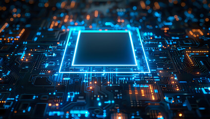 Glowing blue microprocessor on circuit board with futuristic neon lighting effects, perfect for technology, AI, and computing concepts in modern digital designs and presentations.