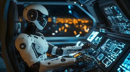 A humanoid robot and a human pilot controlling a futuristic spaceship together with glowing control panels and a view of space.