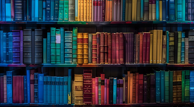 Colorful vintage hardcover books arranged on wooden library shelves create vibrant rainbow pattern, perfect for education, knowledge and literature themed designs and backgrounds.