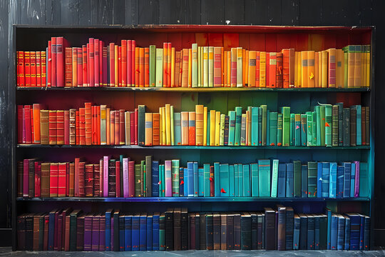 Rainbow colored books arranged on dark wooden shelves creating vibrant spectrum display. Perfect for education, library, knowledge, or literary design projects and publishing concepts.