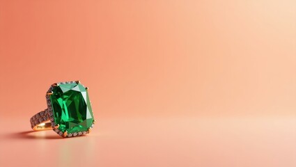 Coral pink dumbbell on right. Emerald green gemstone ring gold band lu