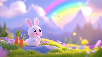 Cute cartoon bunny sitting on a rock in a vibrant meadow with a rainbow and mountains in background.