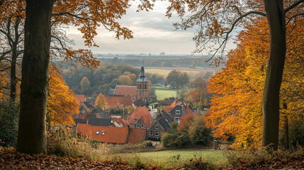 Charming autumn view of a small village nestled in vibrant foliage with a church steeple