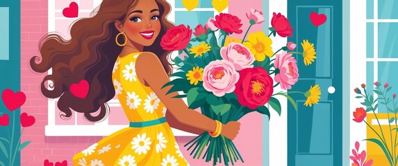 Young woman with curly hair holding a vibrant bouquet of flowers while smiling in a cheerful setting