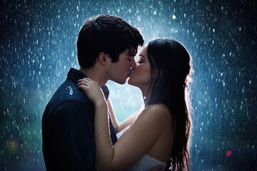 Young couple embraces and kisses passionately in the rain beneath glowing lights