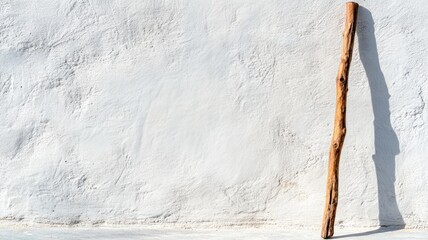 Obraz premium Rustic wooden staff leaning against textured white wall