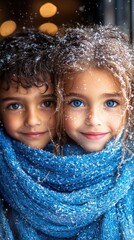 Two Siblings Hugging in Winter Nature | Two Brothers Standing in Cold Winter Snowing