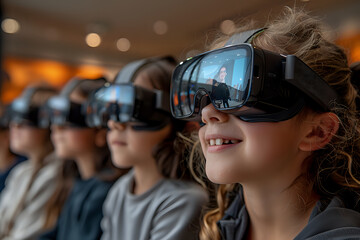 Young diverse students wearing virtual reality headsets in classroom, experiencing immersive educational technology with excited expressions, modern learning environment with bokeh background.
