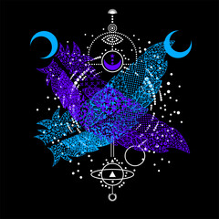 T-shirt design of two abstract blue and violet feathers crossed on a geometric image on a black background.