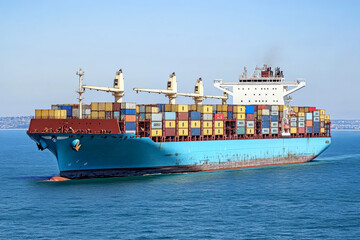 Obraz premium A large cargo ship loaded with containers sails on calm blue water. Concept of global shipping and maritime trade. For logistics industry photos.