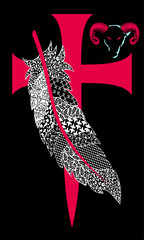 T-shirt design of a large medieval cross next to a feather and a ram's head with horns. Ideal image to illustrate knight-errantry.