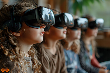 Naklejka premium Young diverse group experiencing virtual reality with VR headsets in modern setting, perfect for technology, education, and entertainment industry concepts.