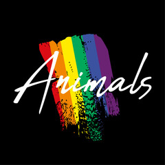 Animals. T-shirt design of the word next to a rainbow on a black background. Gay pride.