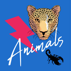 Animals. T-shirt design of a word next to a leopard head, the lightning bolt symbol and the silhouette of a crab on a light blue background. 90s design.