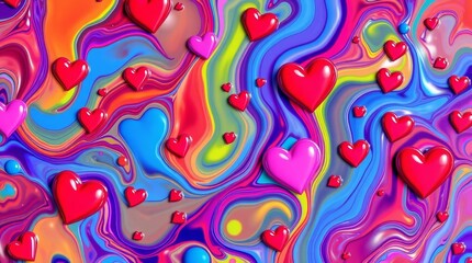 vibrant, bright colors, hearts and liquid patterns intermingled, lively and energetic aesthetic
