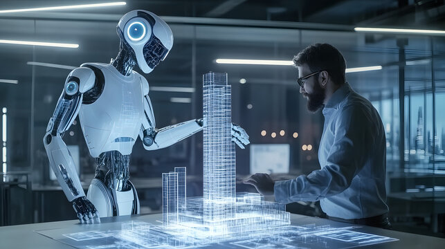 A humanoid robot helping a human architect build a 3D holographic model of a futuristic skyscraper in a design studio.