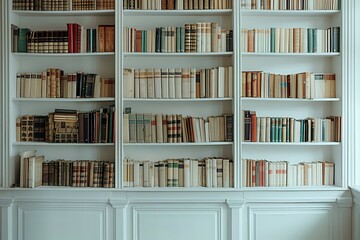Classic white built-in bookshelf with vintage books perfect for interior design, home library, or educational institution background. Elegant minimalist literary atmosphere.