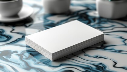 A white business card sits on a table with a blue and white marble pattern
