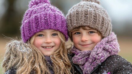 Two Siblings Hugging in Winter Nature | Two Brothers Standing in Cold Winter Snowing