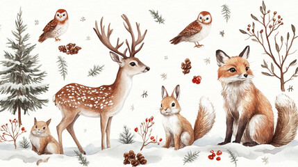 Wildlife illustration featuring deer, fox, and owls in a snowy forest setting