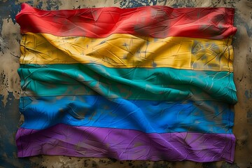 Rainbow pride flag with textured fabric effect on grunge background, featuring vibrant stripes in red, yellow, turquoise, blue and purple colors for equality and diversity concepts.