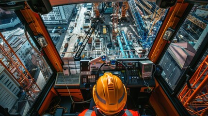 A crane operator inside the cabin of a tower crane, with a panoramic view of the construction site below, Construction site scene