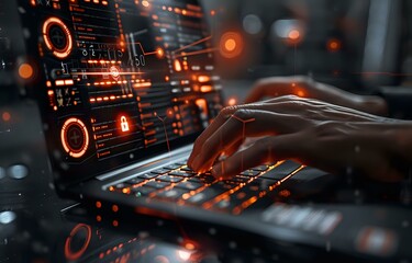 Futuristic cybersecurity concept with hands typing on illuminated keyboard against digital interface with orange glowing elements and security lock icons for technology protection.