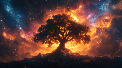 Fototapeta premium Ancient tree spreads its branches in front of a vibrant cosmic sky, nebula clouds and stars swirling above in a spiral, creating a mystical and abstract landscape with a blurred bright light tone