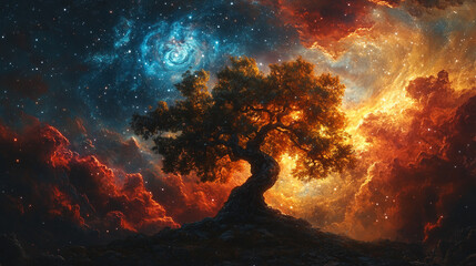 Fototapeta premium Ancient tree spreads its branches in front of a vibrant cosmic sky, nebula clouds and stars swirling above in a spiral, creating a mystical and abstract landscape with a blurred bright light tone